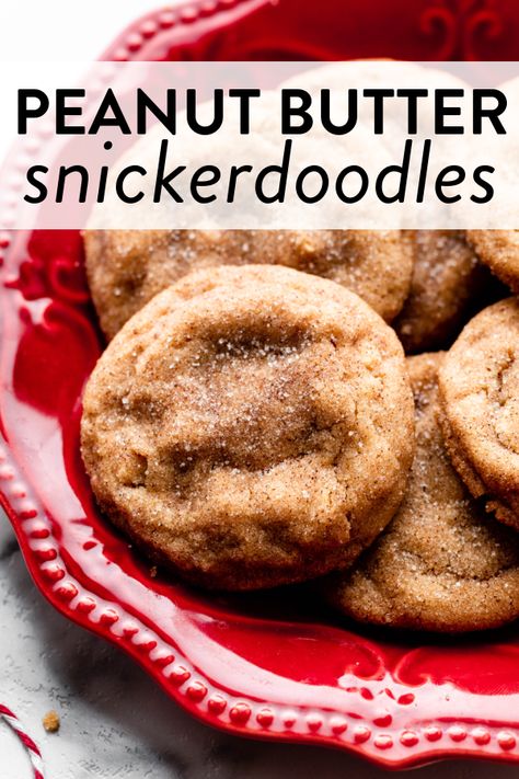 These peanut butter snickerdoodles are extra soft with a slightly crisp exterior, sweet cinnamon-sugar coating, and lots of chopped peanuts. #peanutbutter #snickerdoodles #cookies #christmas Cinnamon Peanut Butter Cookies, Peanut Butter Snickerdoodles, Christmas Cookies Peanut Butter, Peanut Butter Christmas Cookies, Christmas Peanut Butter Cookies, Snickerdoodles Cookies, Cookies 2023, Cookie Swap Recipes, Christmas Morning Recipes