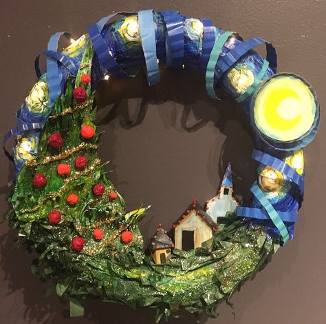 This wreath submission comes from artist Brittnee Catlin from our Pinot's Palette - Prairie Village studio and is titled Van Gogh's Christmas! Materials used: Wreath base - Cut up tissue paper. Starry Night sky - Painted tissue paper so it would lay flat and take on the colors wanted. Lights wrapped around wreath and glued. Starry spirals - solo cups painted and cut into swirls. Moon, trees, and houses - made from paper palettes. Ornaments - paper towel strips dipped into glue, rolled Van Gogh Christmas Tree, Starry Night Christmas Tree, Acorn Ideas, Starry Night Christmas, Artist Christmas, Pinots Palette, Night Christmas, Wreath Base, Starry Night Sky