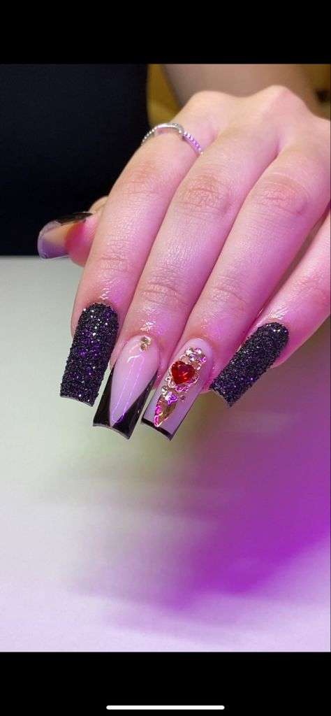 Black Nails With Red Bottoms And Rhinestones, Black Glitter Nails With Rhinestones, Black And Red Wedding Nails For Bride, Black And Red Sparkle Nails, Red And Black Formal Nails, Red And Black Homecoming Nails, Red And Black Hoco Nails, Red And Black Quince Nails, All Black Nails With Rhinestones