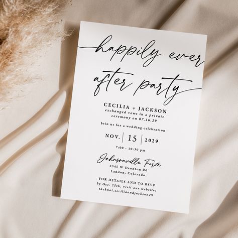 Happily ever after party invitation that is printed for you on thick card stock and includes envelopes. These printed invitations are perfect for your elopement after party wedding reception. This modern, simple, minimalist design in black and white is going to be loved by your guests! You can add envelope addressing to your reception invitation here: https://www.etsy.com/listing/1352120913 Invitation Card Size: 5x7 inches Envelopes for Invites: white, square flap Paper: thick, matte white, 130 lbs. Card Backs: white Wording: Please put the wording you would like in the box, during checkout, and we'll email you a proof. Proof: Emailed within 24 hours of your purchase. Unlimited free edits to the proof with your personal invitation designer. Sent to printer after your proof approval. Shippi Happily Ever After Party Save The Date, Elopement Save The Date Reception, Save The Date No Kids, Save The Date Wedding Reception Only, We Eloped Save The Date, Reception Only Save The Date, Private Ceremony Invitation, Informal Wedding Invitations, Happily Ever After Party