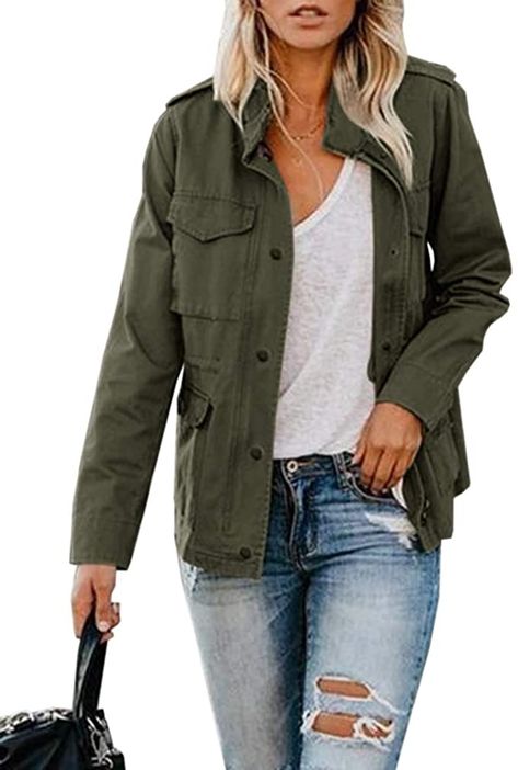 Womens Military Jacket Zip Up Snap Buttons Lightweight Utility Anorak Field Safari Coat Outwear Army Green at Amazon Women's Coats Shop Womens Military Jacket, Military Style Jacket Womens, Army Jacket Women, Camo Jacket Women, Trucker Jacket Women, Military Jacket Women, Green Jacket Women, Stand Collar Jackets, Womens Jackets Casual