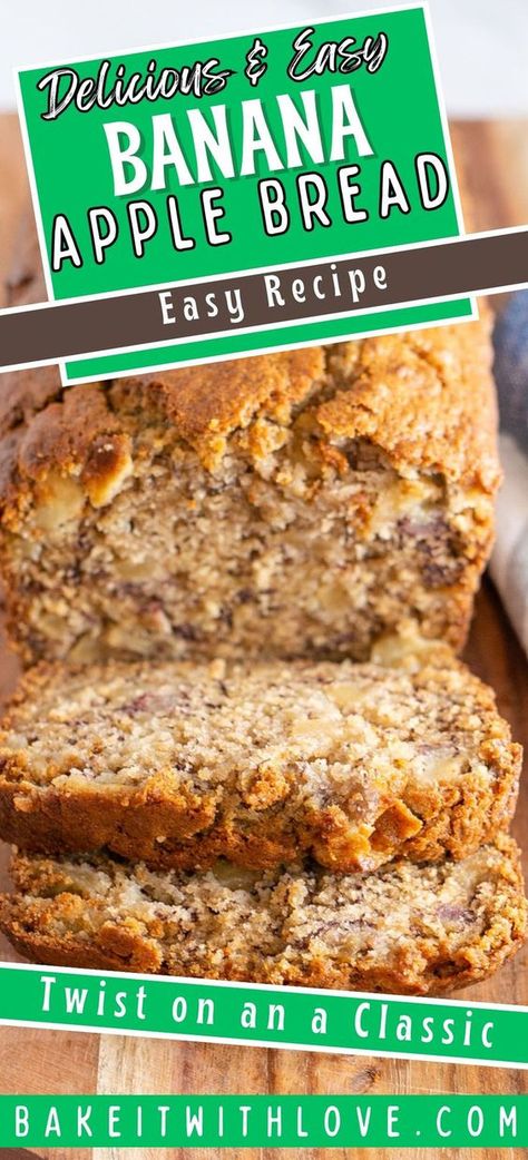 Revel in the delightful fusion of flavors with Apple Banana Bread, where classic banana bread meets the tangy sweetness of apples. This moist, flavorful loaf is perfect for cozy mornings or as a tasty snack, offering a unique twist on traditional banana bread. #AppleBananaBread #BakeItWithLove #FruityBread #HomemadeBaking #DeliciousSnack #CozyBreakfast #TastyTreat #QuickBread Banana Bread With Apples, Recipe Using 2 Ripe Bananas, Banana Apple Bread, Banana Bread With Applesauce, Apple Banana Bread, Cake Loaves, Banana Oat Bread, Buttermilk Banana Bread, Cornbread Biscuits