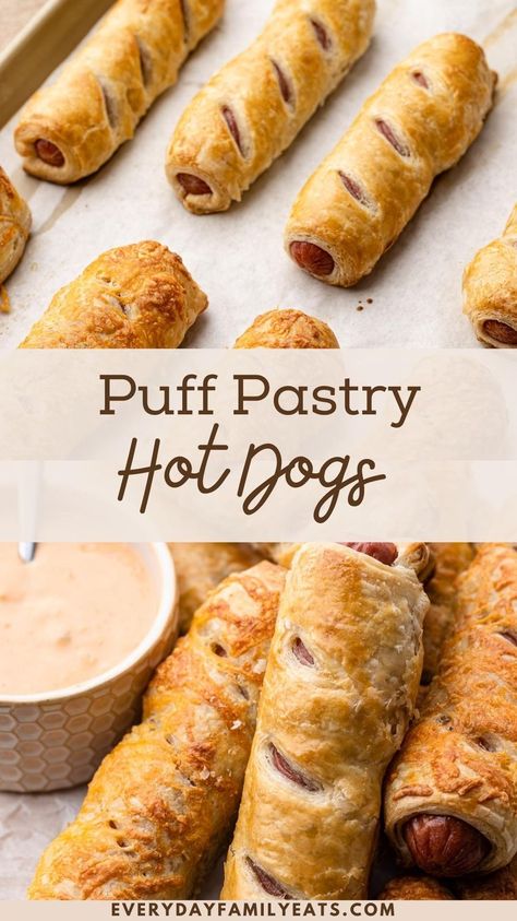 Pigs In Blanket Puff Pastry, Puff Pastry Hot Dog Recipes, Pastry Puff Dinner Recipes, Cheesy Hot Dog Roll Ups, Puff Pastry Pigs In A Blanket Recipe, Dinner With Puff Pastry, Hot Dog Puff Pastry Recipe, Hot Dogs Wrapped In Puff Pastry, Pastry Hot Dogs