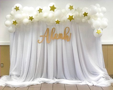 White fabric backdrop with balloon garland and card stock stars. Name purchased from Etsy by client. Balloon Garland With Fabric Backdrop, White Fabric Backdrop, Backdrop With Balloon Garland, Stars Name, Baby Boy Decorations, White Nursery, Star Baby Showers, Back Drop, Balloon Decor