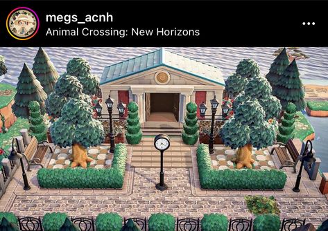 Animal Crossing Museum Inspiration, Acnh Community Center Ideas, Acnh Town Hall Ideas City, Animal Crossing Island Inspiration Town Hall, Achn Ideas Museum, Animal Crossing Town Center, Animal Crossing Community Center, Acnh Multi Level Neighborhood, Acnh Guest Services