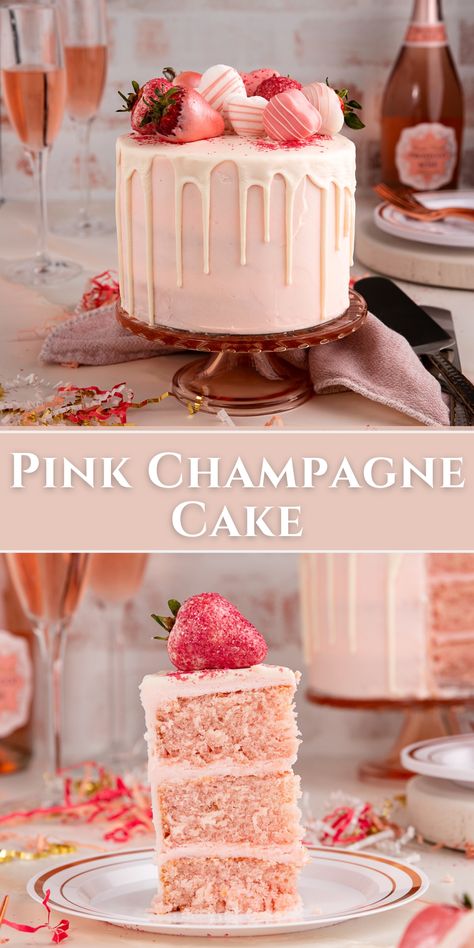 pink champagne cake with white chocolate drip and strawberries on cake stand and sliced on plate. Strawberry Champagne Wedding Cake, Champagne Raspberry Cake, Champagne And Strawberry Cake, Decorating Cakes With Macarons, Berry Champagne Cake, Strawberry Champagne Cake Recipe, Strawberry Champagne Pound Cake, Valentine’s Day Cake Flavors, Strawberry Genoise Cake