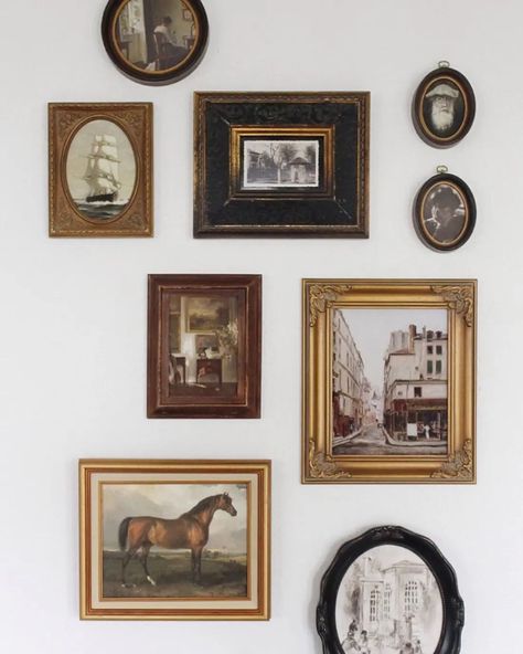 Black Frames On Wall, Eclectic Wall Gallery, Gallery Wall Paintings, Ancestor Wall, Collage Examples, Stairway Gallery Wall, Muse Board, Wall Galleries, Cozy Living Room Ideas