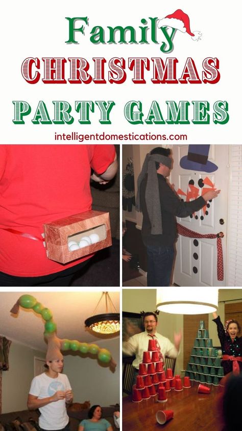 four pictures of people playing party games at Christmas parties Games To Play At Christmas, Hilarious Party Games, Party Games To Play, Family Christmas Party Games, Christmas Party Games For Groups, Funny Christmas Party Games, Christmas Eve Games, Christmas Party Games For Adults, Christmas Party Games For Kids