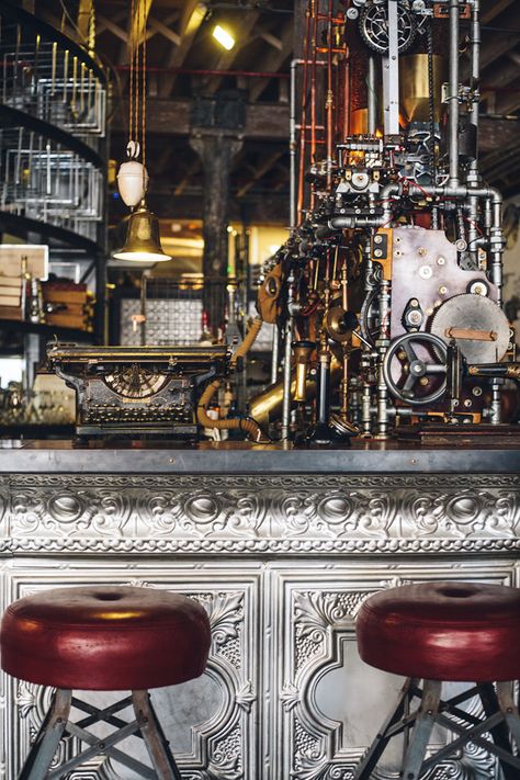 TRUTH Coffee Shop In Cape Town, South Africa | http://www.yatzer.com/truth-coffee-cape-town photo © Shanna Jones, styling by Leasa Mensing. Steampunk Cafe, Steampunk Interior Design, Steampunk Machines, Steampunk Coffee, Steampunk Interior, Pub Ideas, Tea Shops, Design Café, Magic Island