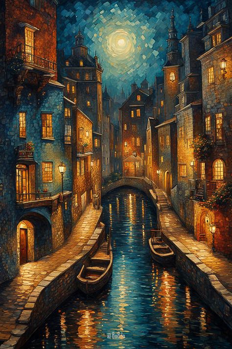 Moonlit Old Cityscapes Venice City Painting, Grandpa Painting, White Scenery, Art Buildings, City Landscapes, Venice City, Painting Styles, 4 Wallpaper, Modern Oil Painting