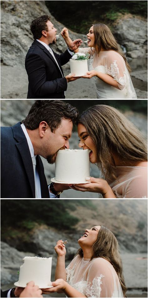 Bride and groom feeding each other  their wedding cake on the beach Wedding Cake Photoshoot Ideas, Wedding Cake Elopement, Elopement Cake Photos, Engagement Cake Photos, Couple Cake Photoshoot, Small Elopement Cake, Cake Engagement Photos, Flagstaff Elopement, Elopement Wedding Cake