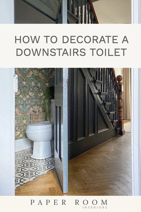 A step by step guide on how to decorate a downstairs toilet to create a practical and beautiful space for you and your guests. Small Guest Toilet Decor, Understairs Loo Ideas, Under Stairs Toilet Wallpaper, Downstairs Toilet Ideas No Window, Scandi Downstairs Toilet, Downstairs Toilet Sloped Ceiling, Victorian Cloakroom Toilet, Scandi Cloakroom Toilet, Under Stairs Wc Ideas