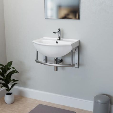 Wall Mounted Bathroom Sink Ridge 17-3/4" White Porcelain Sink with Faucet, Drain, Towel Bar and Overflow Renovators Supply - N/A - Bed Bath & Beyond - 33752042 Small Bathroom Sink Design, Small Powder Room Sink, Mounted Bathroom Sink, Big Shower, Wall Hung Sink, Bathroom Sink Design, Powder Room Sink, Floating Sink, Bathroom Big