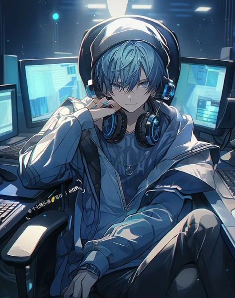 Anime Boy With Headphones, Anime Collage, Blue Hair Anime Boy, Gamers Anime, Gato Anime, Anime Toon, Blue Anime, Dark Anime Guys, Minimalist Tattoos