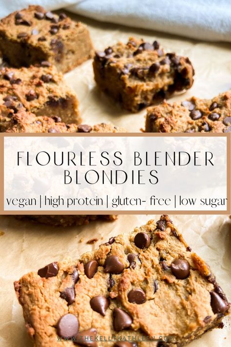 Soft, chocolatey, and made without flour, these high protein Flourless Blender Blondies are the perfect midday pick-me-up or dessert! #thekellykathleen #vegandessert #blondies Dairy Free Dessert Recipes Easy, Protein Blondies, Vegan Bars, Dairy Free Protein, Dairy Free Recipes Dessert, High Protein Desserts, Easy Vegan Dessert, Vegan Bar, Healthy Vegan Desserts