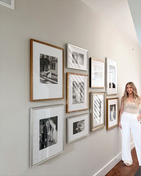 Three Frame Gallery Wall, Gallery Wall Assorted Frames, Behind Couch Gallery Wall Ideas, Simple Gallery Wall Hallway, Celebrity Gallery Wall, Wall Of Wedding Photos, Hallway Gallery Wall Layout, Gallery Wall With Mixed Frames, Office Wall Collage Ideas