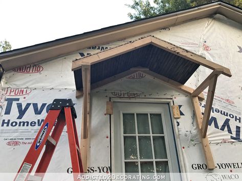 how to build a portico - 26 - view of portico with roof boards in place on half How To Build A Front Door Overhang, Diy Portico Entry, Diy Portico Simple, Gabled Porch Roof, Entry Overhang, Over Door Roof 6’, Small Portico Over Door, Diy Portico, Garage Setup