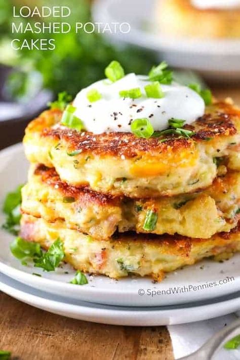 This recipe for Loaded Mashed Potato Cakes is the perfect use for leftover mashed potatoes! Everyone raves about these potato pancakes and beg for more! Mashed Potato Cake Recipe, بطاطس مهروسة, Mashed Potato Pancakes, Potato Cakes Recipe, Mashed Potato Cakes, Loaded Mashed Potatoes, Rice Side, Spend With Pennies, Leftover Mashed Potatoes