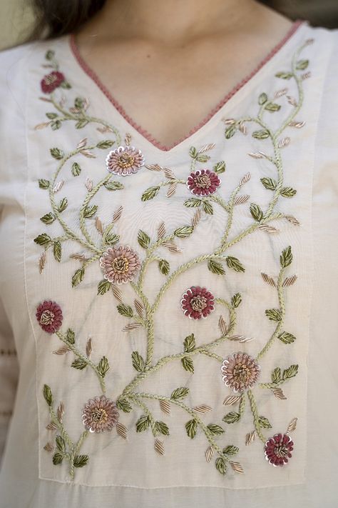 Ivory Floral Garden thread and Zardozi Embroidery Kurta Hand Embroidery Zardozi Designs, Hand Embroidery Yoke Designs, Embroidery Patterns For Kurtas, Embroidery On Kurtis Hand, Yoke Hand Embroidery Design, Hand Zari Embroidery Designs, Thread Work Dress Designs, Handwork Design Unique Kurti, Thread Work Suit Designs Embroidery