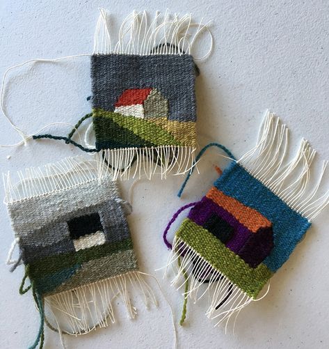 Lesley's houses. These are about 3 inches square at 8 epi. Small Weaving, Animals Quotes, Travel Tattoos, Wool Felt Fabric, Tapestry Loom, Small Tapestry, Weaving Loom Diy, Weaving Loom Projects, Mountain Lakes