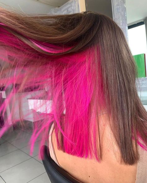 Pink Hair Color Underneath, Pink Hair Streaks On Brown Hair, Pink Color Underneath Hair, Neon Pink Peekaboo Hair, Bright Pink And Blonde Hair, Blonde With Hot Pink Underneath, Dark Brown Hair With Hot Pink Underneath, Purple Pink Underneath Hair, Peekaboo Hot Pink Hair