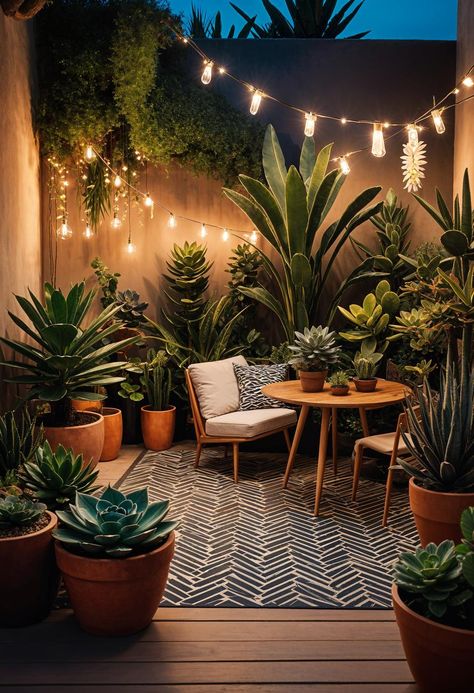 37 Adorable Small Garden Ideas for Your Tiny Outdoor Oasis Patio With Lots Of Plants, House Corner Landscaping Ideas, Small Outdoor Patio Decor, Tiny Backyard Ideas Small Spaces Patio, Boho Modern Patio, Boho Patio Decor Small Spaces, Deck Space Ideas, Little Patio Ideas Small Spaces, Small Patio Plant Ideas