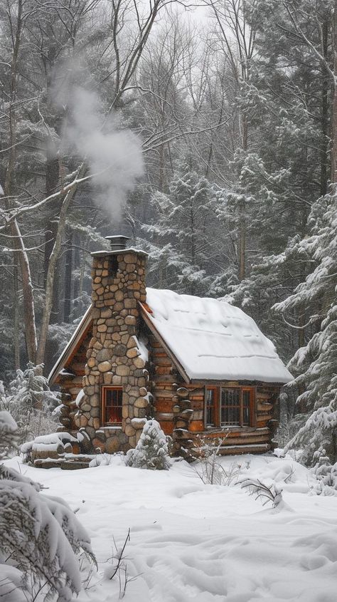 Cozy log cabin with smoke coming out of chimney in snowy forest - Winter haven in nature's beauty Home Architecture Styles, Cozy Winter Cabin, Cabin Style Homes, Snowy Cabin, Cozy Log Cabin, Little Cabin In The Woods, Cabin Aesthetic, Log Cabin Rustic, Cabin In The Mountains