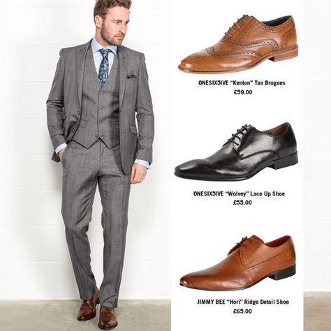 In this comprehensive guide, we cover how to match both shoe colors and styles to your suits, including navy, brown, oxblood / burgundy & black shoes, along with oxford cap toes, double monk straps, brogues, loafers & more!  #mensstyle #menstyle #mensfashion #dapper #menwithstyle #mensclothing #mensweardaily #giftsforhim #lifestyle #suit #dapper #style #mensshoes #shoes Grey Suit Shoes, Grey Suit Brown Shoes, Homecoming Styles, Wedding Suits Men Grey, Men Wardrobe, Groomsmen Ideas, Shirt And Tie Combinations, Suit Brown, Grey Suit Men