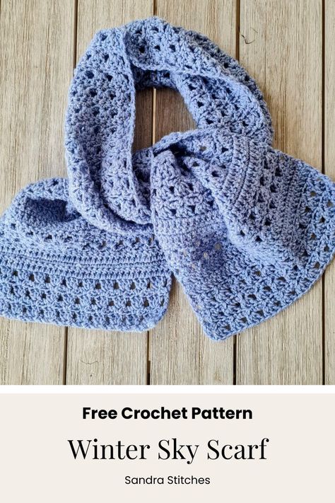 free crochet pattern for an easy scarf made with ligth blue yarn named Sky Elegant Crochet Scarf Pattern Free, Crochet Stitch Sampler Scarf, 2 Ply Crochet Patterns, Crochet Scarf Patterns Free One Skein, Beginner Crochet Scarfs, Crochet Scarf Dk Yarn, Hoodie Scarf Crochet Pattern Free, Ladies Crochet Scarf Free Pattern, Crochet A Scarf Free Pattern