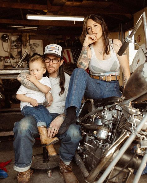 Stephanie Fisher (@fromthedaisies) • Instagram photos and videos Cowboy Outfit For Men, Biker Photos, Sons Of Anarchy Motorcycles, Motorcycle Culture, Cowboy Outfits, Rocker Style, Biker Style, Family Photoshoot, Family Session