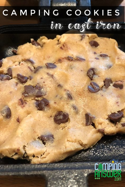 raw cookie dough in a pie iron with white text on a black banner Cooking On Open Fire Camping Foods, Cookies On The Grill, Dessert Over Campfire, Cast Iron Pan Desserts, Camping Desserts Campfire, Campfire Biscuits, Camp Cookies, Iron Cookies, Camp Foods