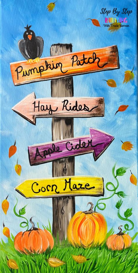 Fall Harvest Paintings On Canvas, Fall Diy Canvas Painting Easy, Diy Fall Painting On Wood, Harvest Painting Ideas, Easy Scarecrow Painting, Cute Autumn Paintings, Fall Scene Painting Easy, Thanksgiving Canvas Painting Easy, Pumpkin Patch Painting On Canvas