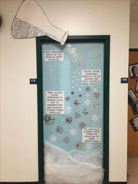 Door decoration for winter wonderland contest. Science of snowflakes. DIY Science Door Decorations, Science Bulletin Boards, Classroom Decor Ideas, Middle School Science Classroom, Science Room, Christmas Classroom Door, Science Classroom Decorations, مشروعات العلوم, Chemistry Classroom