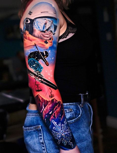 Skiing Sleeve by Volkan Demirci, an artist based in London, England. Snowboarding Tattoo, Snowboard Tattoo, Skiing Tattoo, Helmet Tattoo, Snow Flake Tattoo, Key Tattoos, Watercolor Tattoo Flower, Forearm Tattoo Design, Tasteful Tattoos