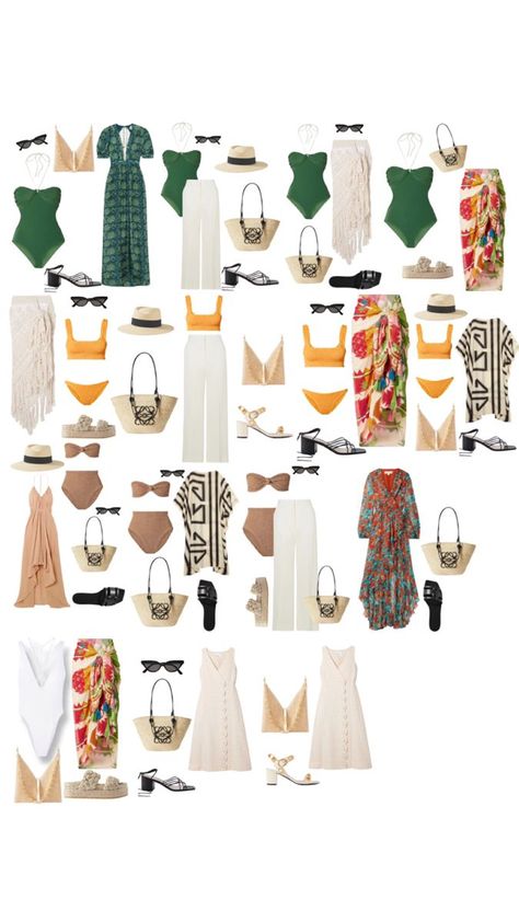 Italian Vacation Aesthetic Outfit, Timeless Beach Outfit, Mexico Vacation Outfits Mom, Cabo Travel Outfit, Island Vacation Capsule Wardrobe, Cancun Capsule Wardrobe, Resort Wear For Women Classy Vacation, Jamaica Resort Outfits, Resort Vacation Outfits What To Wear