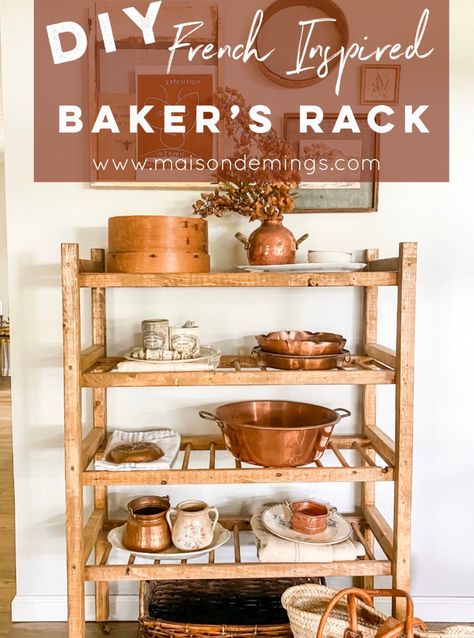 This French Inspired Baker's Rack is one of my FAVORITE pieces in our home! Diy Kitchen Rack Shelves, Diy Bakers Rack How To Build, Diy Bakers Rack, Bakers Rack Ideas, Bakers Rack Decorating, Diy Rack, Baker's Rack, Shelf Board, Antique Booth