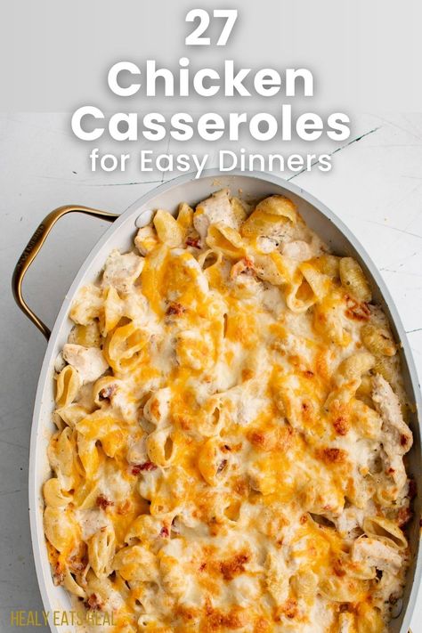 Image of a cheesy chicken casserole in a white oval dish. Text overlay says "27 Chicken Casserole Recipes for Easy Dinners." Pantry Chicken Recipes, One Person Casserole, Dinners For New Parents, Easy Chicken Casserole, Real Posts, Real Simple Recipes, Dinners Chicken, Chicken Casserole Recipes Healthy, Easy Diner