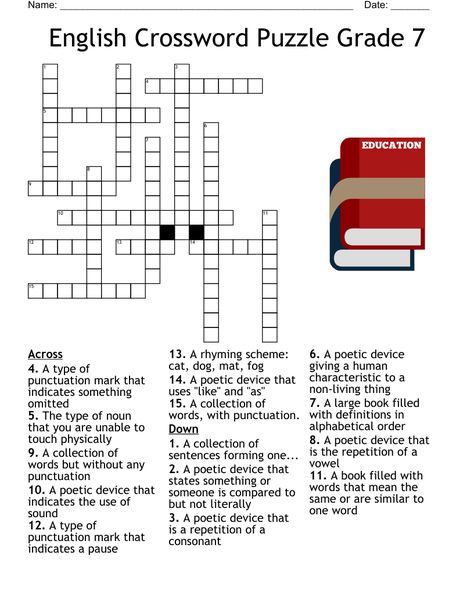 English Crossword Puzzle Grade 7 Poetic Techniques, Vowel Diphthongs, Cross Word, Types Of Nouns, Poetic Devices, Rhyme Scheme, Word Puzzle, Punctuation Marks, Grade 7