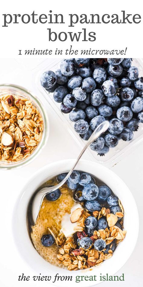 Pancake In A Bowl, Baked Protein Pancake Bowl, High Protein Pancake Bowl, Pancake Bowl, Metabolic Meals, Pancake Cups, Blueberry Protein Pancakes, Vegan Board, Pumpkin Protein Pancakes