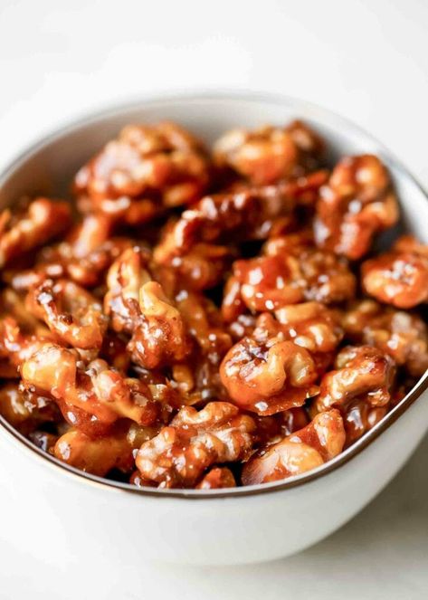 Walnuts. Sugar. That's pretty much all you need to make these Candied Walnuts! These crunchy caramelized nuts are a great party snack. You can also serve them in a salad or sprinkled over ice cream. #candiednuts #caramelizednuts #walnuts #simplyrecipes Carmelized Walnuts Recipe, Carmelized Walnuts, Candied Walnuts Recipe, Candied Walnut Recipe, Caramelized Walnuts, Glazed Walnuts, Cream Photography, Walnuts Recipe, Walnut Recipes