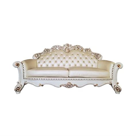 Acme Furniture Traditional Sofa with 5 Pillows, 96" L x 42" D x 51" H, Champagne and Antique Pearl Sturdy Wooden Frame , Button Tufted Back , Padded with cozy high-density foam Fancy Couch, Two Accent Chairs, Pearl Sofa, European Sofa, Victorian Sofa, Faux Leather Sofa, Antique Sofa, Acme Furniture, Living Room Collections