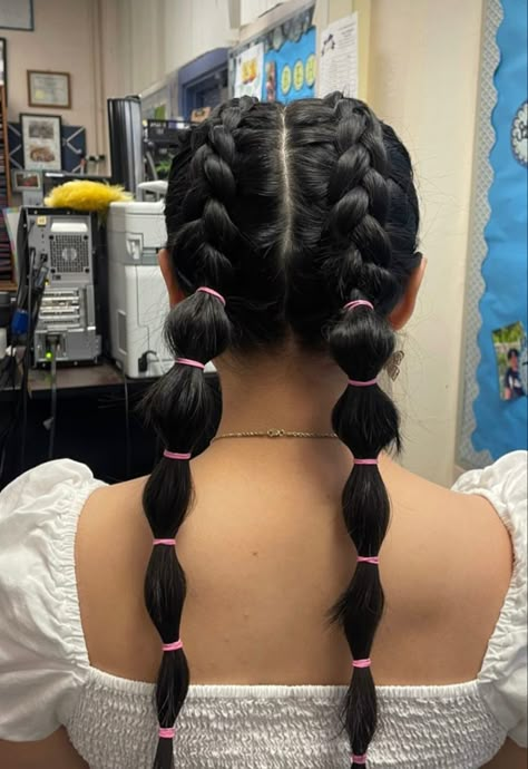 Two Dutch Braids Into Bubble Braids, Dutch Braids With Ribbon, Braided Bubble Braids, Dutch Braids Into Bubble Braids, Bubble Braid Hairstyles For Sports, Low Bubble Braid, Braids Into Bubble Braids, Pigtail Bubble Braid, French Bubble Braids