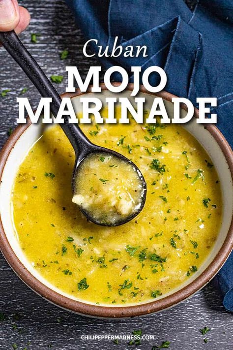 This Cuban mojo marinade is made with garlic, sour orange, olive oil and herbs, great for marinating fish, chicken, or pork, or as a garlicky mojo sauce! Cuban Mojo Marinade, Mojo Sauce Recipe, Mojo Criollo, Mexican Marinade, Mojo Marinade, Mojo Sauce, Cuban Mojo, Orange Olive Oil, Citrus Marinade