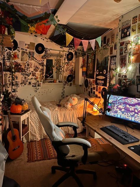 Paranormal Aesthetic Room, Chaotic Room Decor, Queer Rooms, Maximalist Room Ideas, 90s Whimsy Goth Bedroom, Weird Core Room, Street Room Aesthetic, 90’s Bedroom, Bedroom Ceiling Decor