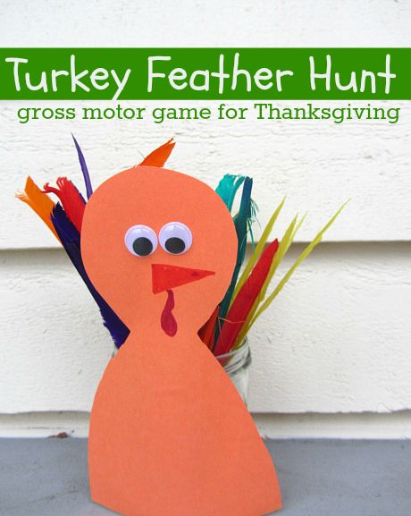 turkey feather hunt for children at thanksgiving - just hide feathers so kids can find and put them in a jar with a turkey on it for a fun gross motor game. Kaba Motor Becerileri, Fun Thanksgiving Games, Thanksgiving Games For Kids, Thanksgiving Crafts Preschool, Thanksgiving Preschool, Gross Motor Activities, Fall Preschool, Thanksgiving Theme, Turkey Feathers