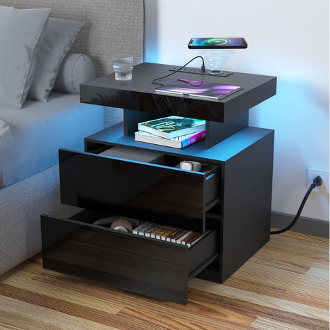 PRICES MAY VARY. 【Multifunctional Charging Station】The smart nightstand is equipped with an upgraded 15W wireless charging station, a USB and Type C ports and 2 AC outlets, which can charge other devices such as phones, readers, ipads, etc., make your life more convenient while working from bed or sofa. 【APP & Remote Control RGB LED Light】The night stand black supports APP and remote control. RGB LED lights can be remotely adjusted with multiple light colors, brightness and multiple modes (Multi Black Bedside, Side Tables For Bedroom, Nightstand With Charging Station, Black Bedside Table, Nightstand Set Of 2, Wireless Charging Station, Modern Bedside Table, Rgb Led Lights, Night Table