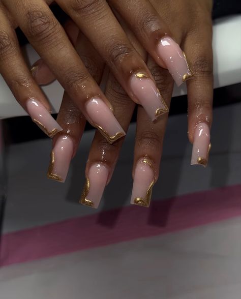 Gel X Gold Nails, White And Gold Birthday Nails, White And Golden Nails, 21st Bday Nails, French Tip Gold, Gold Nails Prom, Matching Nails, Stunning Tattoos, Gold Acrylic Nails