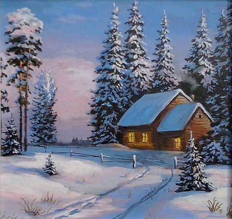 Winter Cabin Painting, Winter Scene Paintings, Arte Aesthetic, Colour Drawing, Winter Landscape Painting, Christmas Landscape, Barn Painting, Painting Snow, Landscape Paintings Acrylic