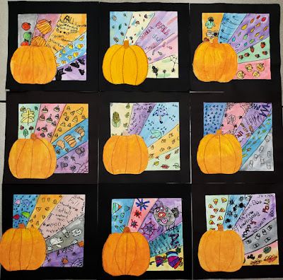 October Crafts 3rd Grade, October Art 3rd Grade, Halloween Art For 4th Grade, Grade 5 Fall Art, Grade 4 Halloween Art, 3rd Grade Pumpkin Art, Thanksgiving Art Grade 2, Third Grade Fall Art Projects, Grade 2 Thanksgiving Art