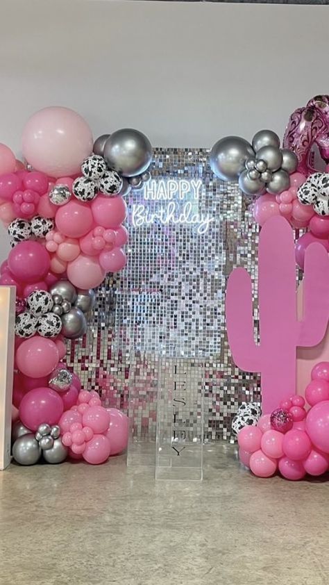 Pink Cowgirl Bday Party Ideas, Cowgirl Bday Party Ideas Aesthetic, Cowboy Disco Party Decorations, Pink Cowgirl Party Invitation, Cowgirl Brunch Theme, Country Glam Birthday Party, Disco Cowgirl Outfit Birthday Party, Cowboy Disco Birthday Party, Neon Cowgirl Birthday Party